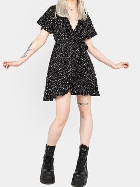 Disturbia moonseed wrap ruffle fit and flare mini dress